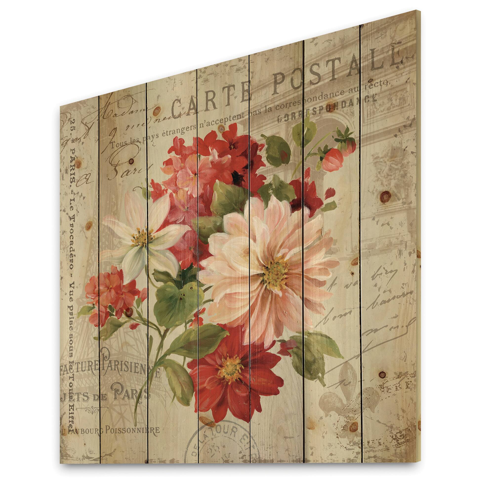 Designart - Red Painted Flowers on Vintage Postcard II